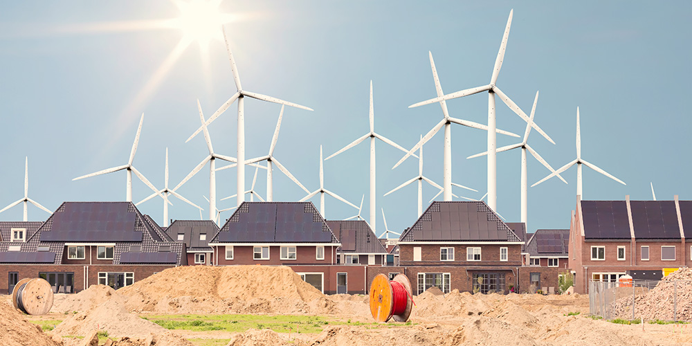 Huizen en windmolens