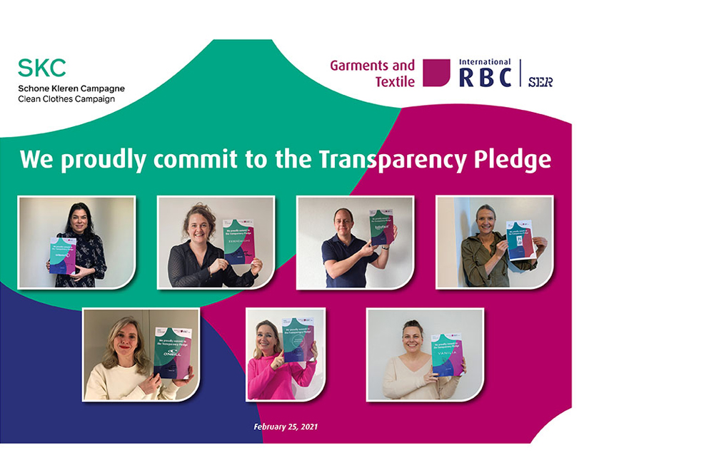 Clothing companies increase transparency by signing the Transparency Pledge: From left to right, top to bottom: Ninke Gijzel (Buying Director, De Bijenkorf), Floor Smits (Head of Brands, Essenza Home), Jan Bongers (director Euretco Fashion), Janneke van der Meij (CEO, L. ten Cate), Nicolette van Bruggen (Chief Product Officer, O'Neill Europe), Anneloes van der Heijden (co-founder/owner, Studio Anneloes) and Zsuzsa Kozma (Purchasing Manager, Vanilia).