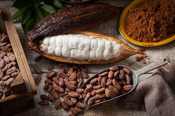 Cacaobonen en cacaopeul met cacaopoeder op een houten oppervlak.